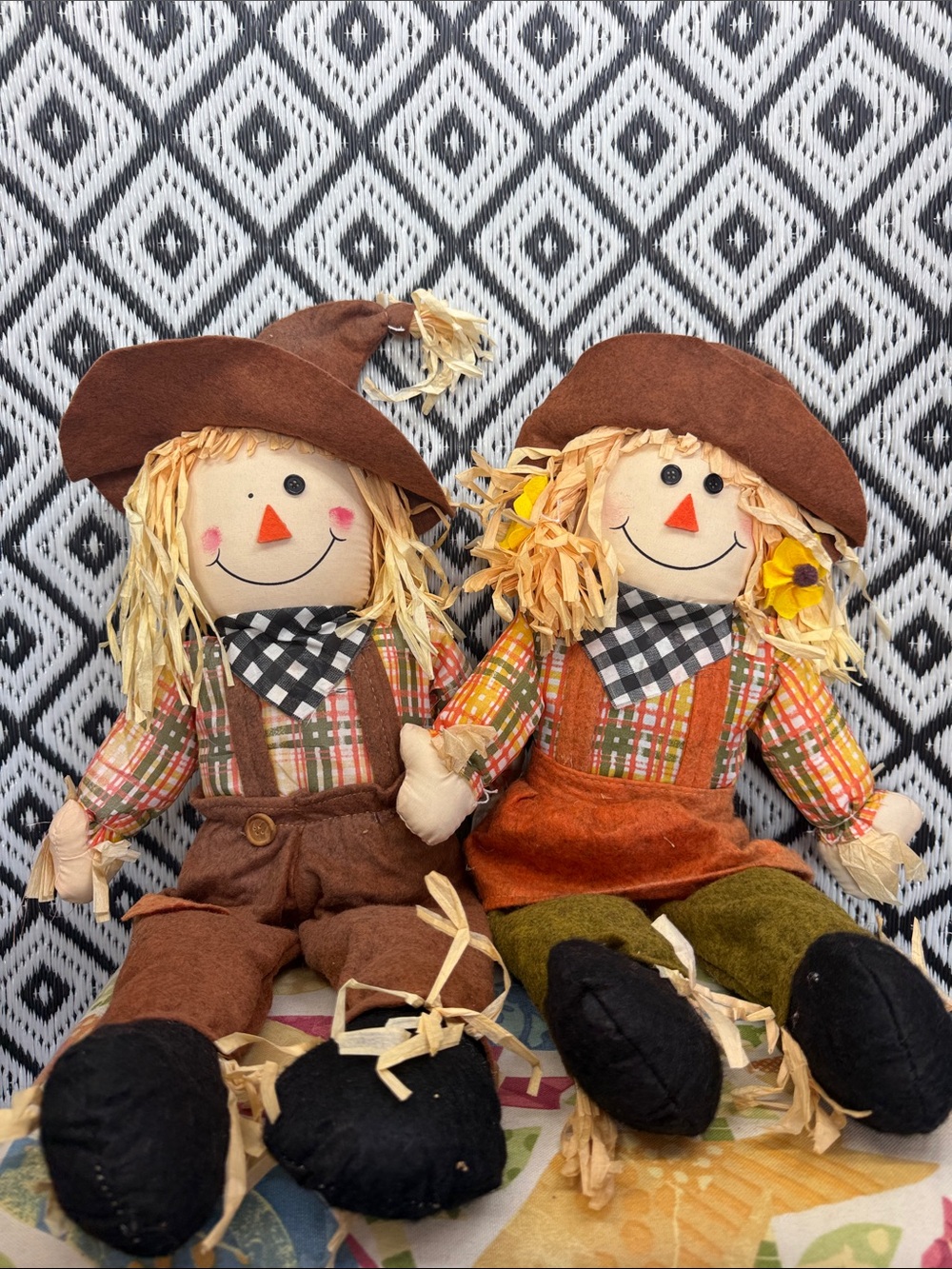 Autumn Patchwork Scarecrow Pair Plush Dolls - Brown & Orange NWT